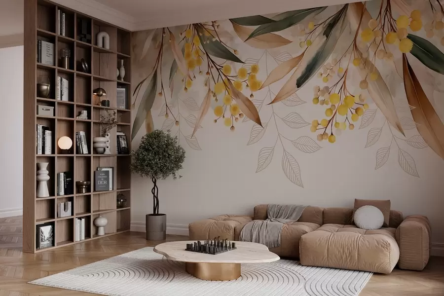 wall murals цветови и листови мимозе падају одозго у акварелном стилу w04880