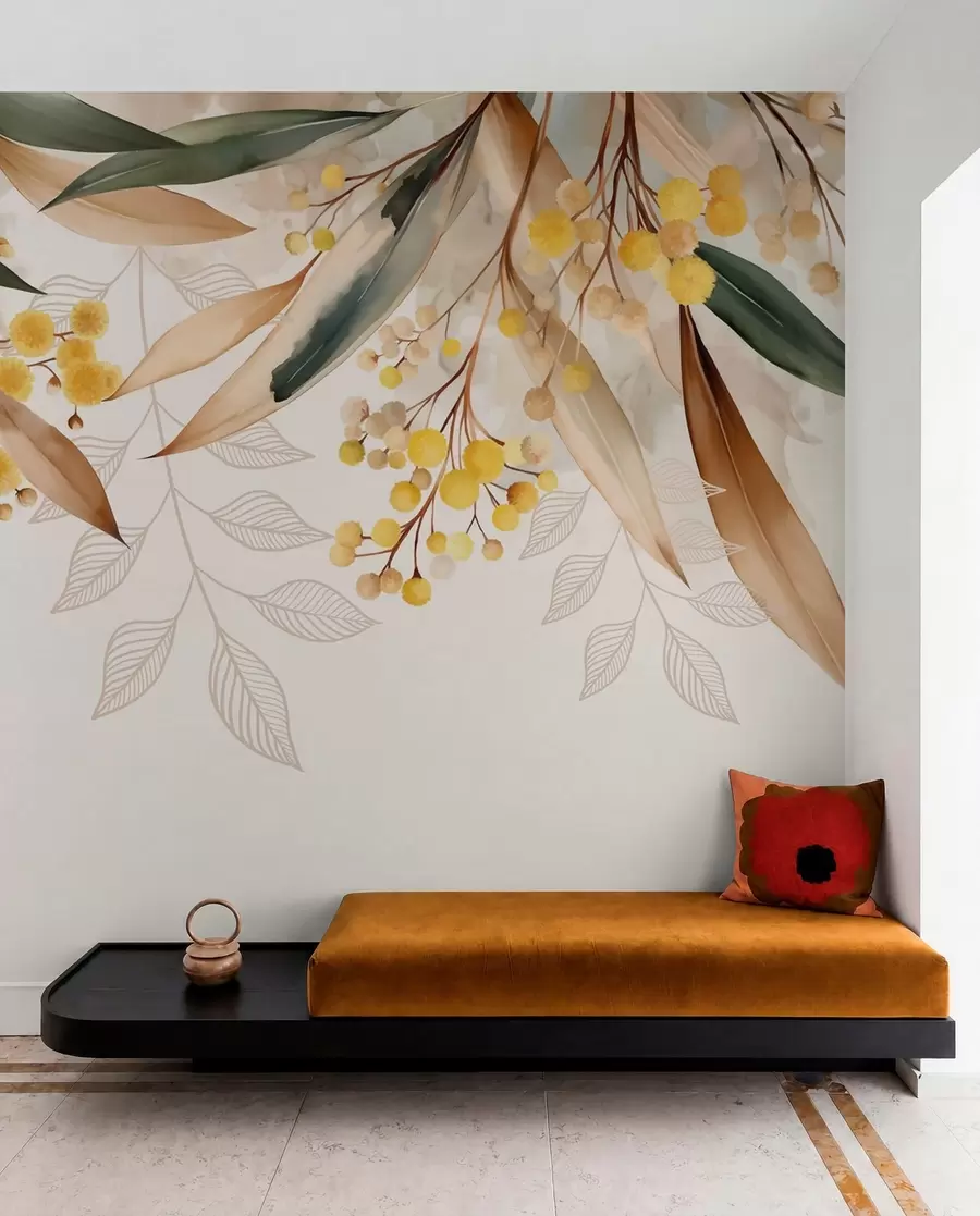 wall murals цветови и листови мимозе падају одозго у акварелном стилу w04880