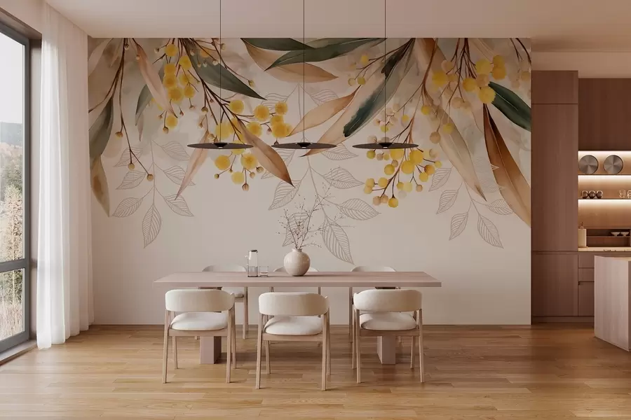 wall murals цветови и листови мимозе падају одозго у акварелном стилу w04880