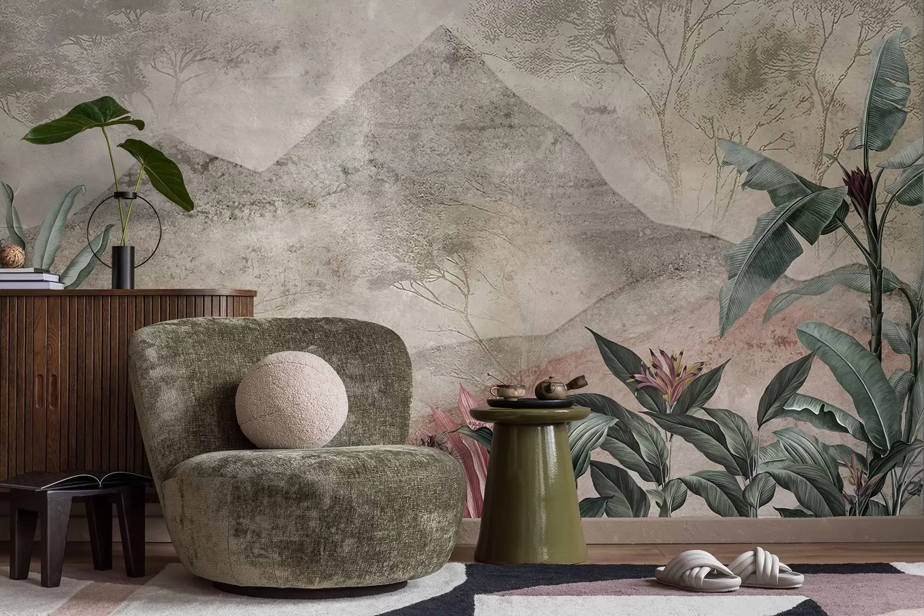 wall murals Пастелни листови банане и тропско цвеће насупрот планинама w04933