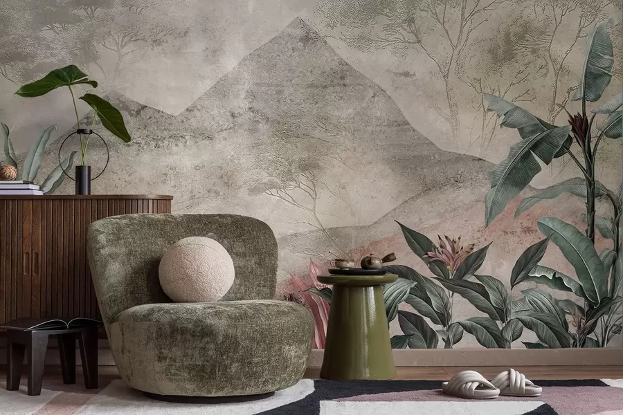 wall murals Пастелни листови банане и тропско цвеће насупрот планинама w04933