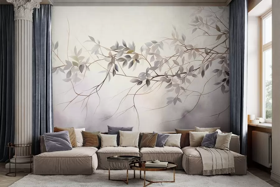 wall murals Нежне текстуриране гране са пригушеним сивим, љубичастим и зеленим листовима на мекој, замућеној позадини w09336