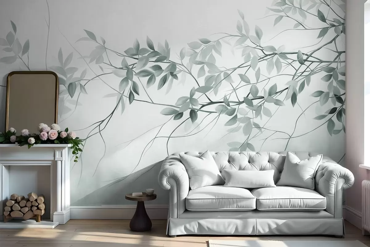 wall murals Нежне текстуриране гране са пригушеним сивим и зеленим листовима на мекој, замућеној позадини w09336v1