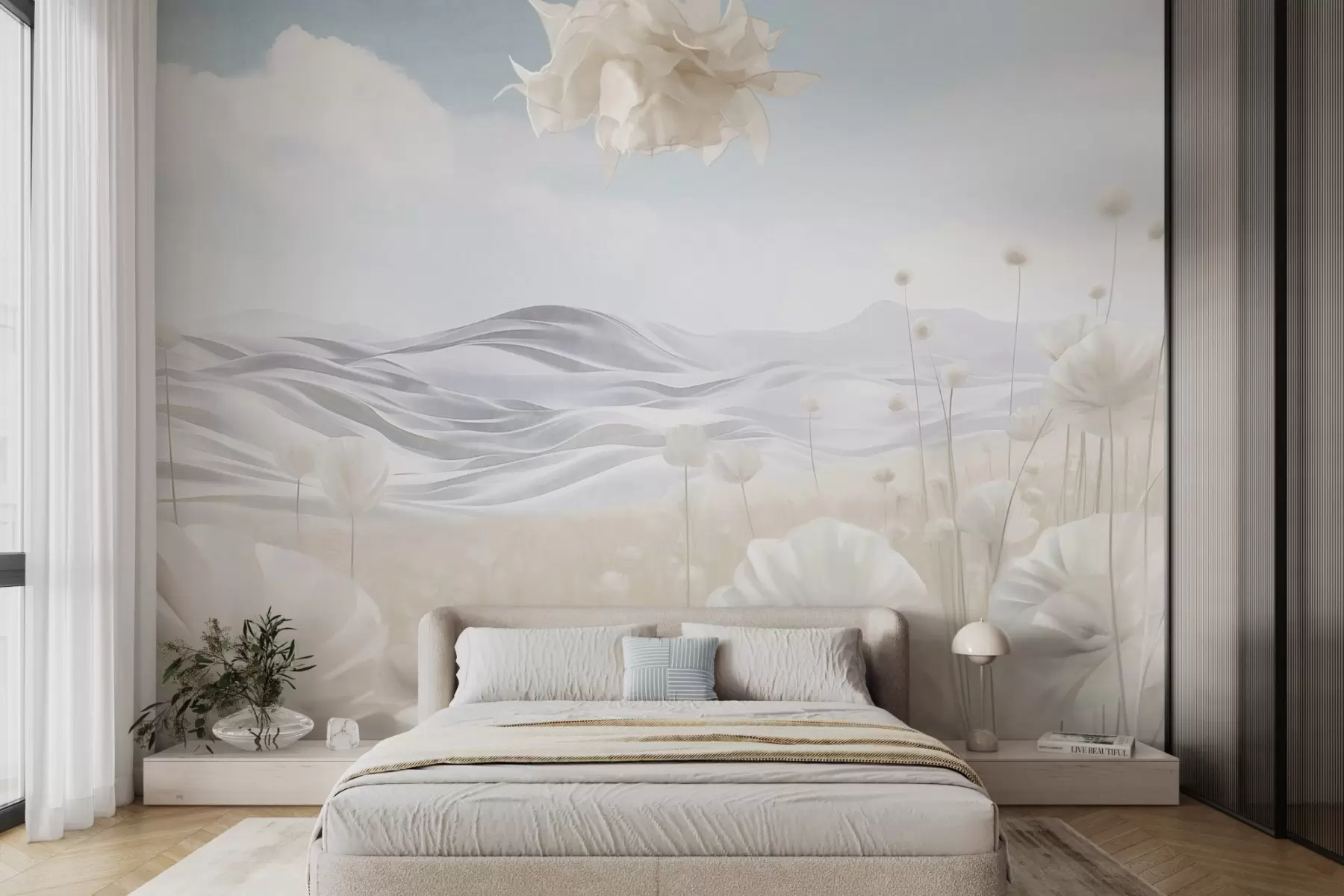 wall murals Текстурирано поље кремастих макова са валовитим брдима под бледоплавим небом са меким облацима, пастелним бојама w09553