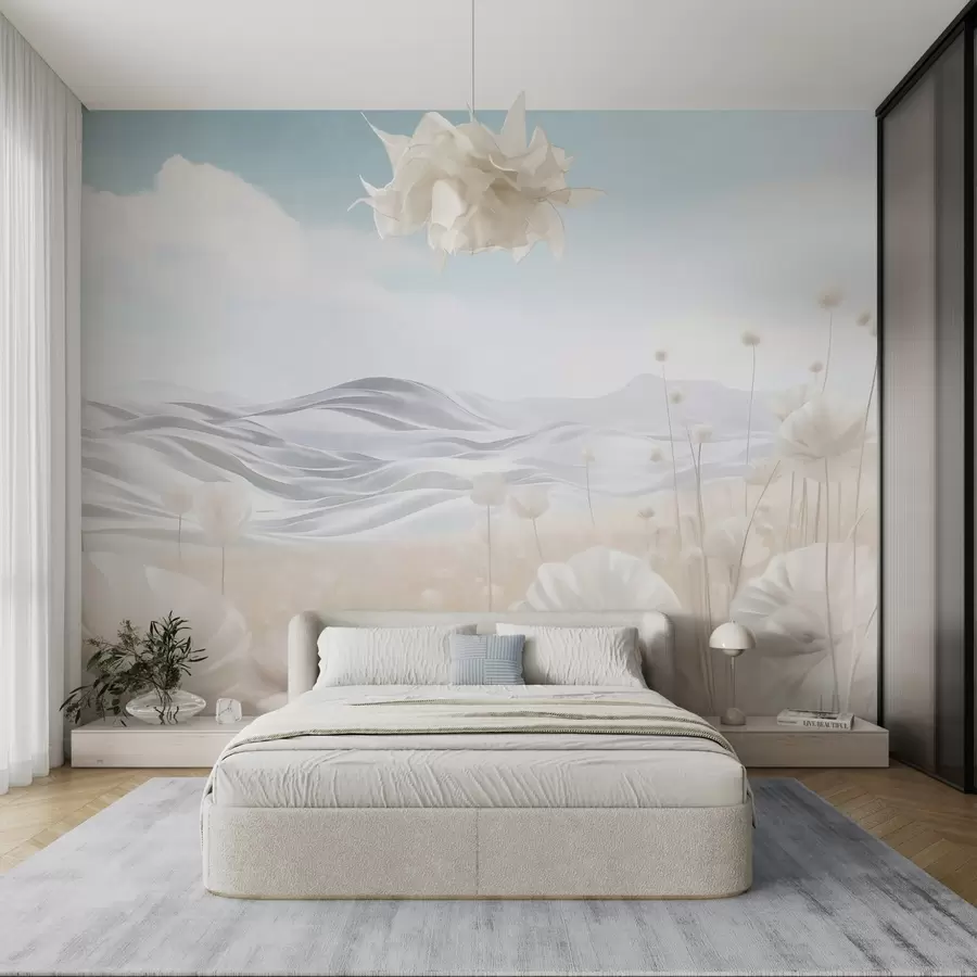 wall murals Текстурирано поље кремастих макова са валовитим брдима под бледоплавим небом са меким облацима, пастелним бојама w09553