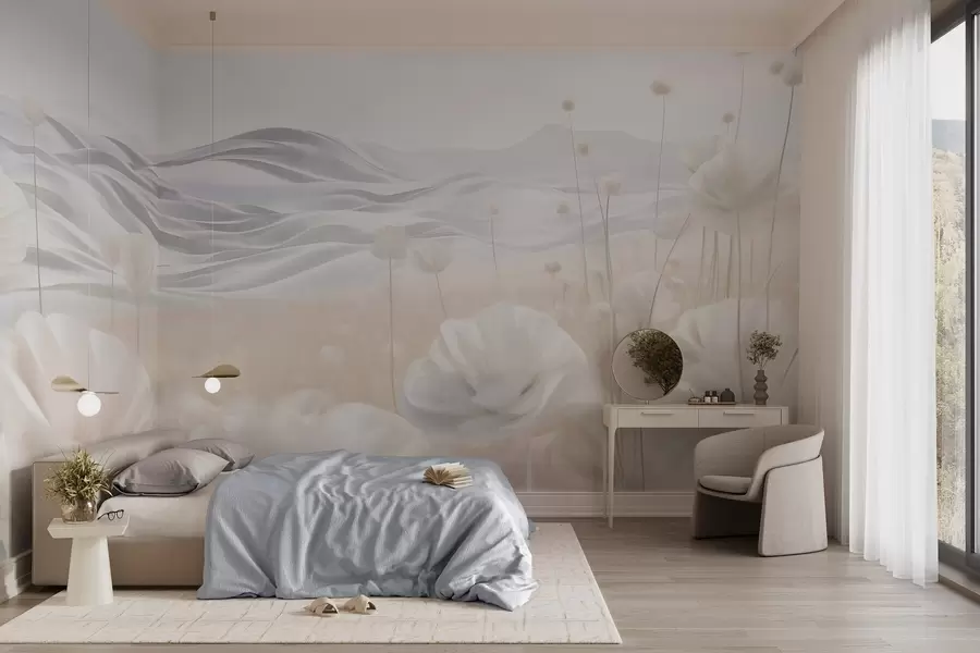 wall murals Текстурирано поље кремастих макова са валовитим брдима под бледоплавим небом са меким облацима, пастелним бојама w09553