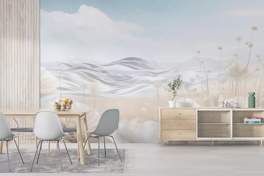 wall murals Текстурирано поље кремастих макова са валовитим брдима под бледоплавим небом са меким облацима, пастелним бојама w09553