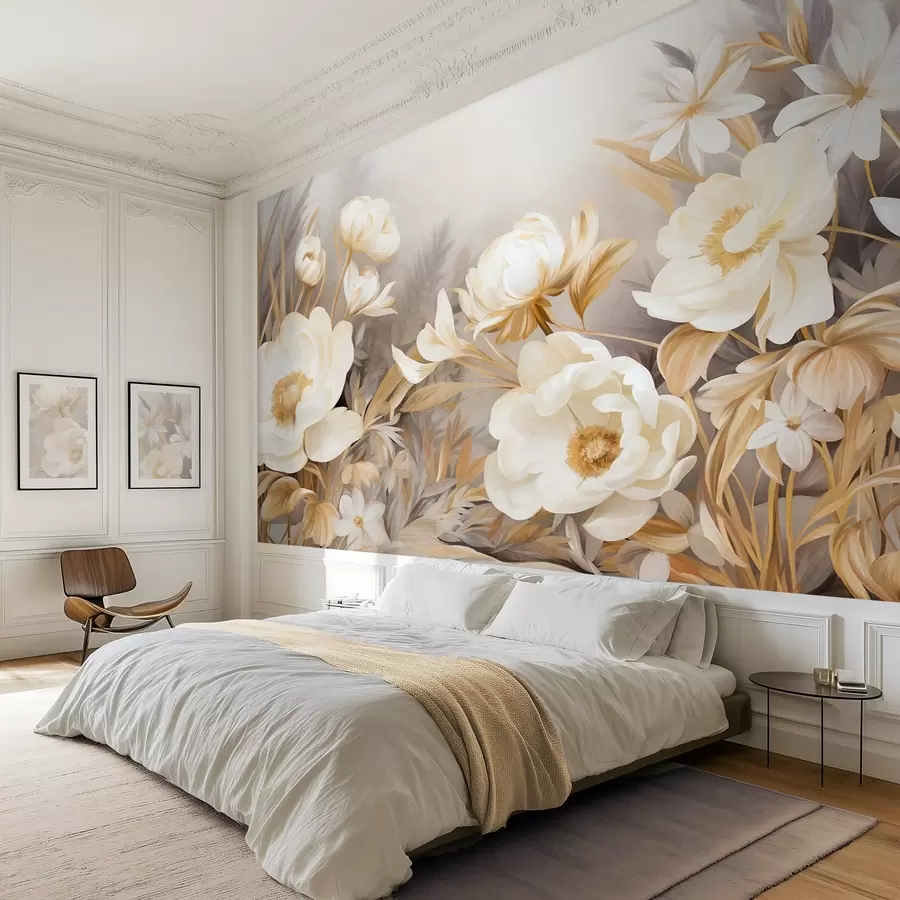 wall murals Бели и жути божури и друго цвеће са високом травом и лишћем у меком, сликарски текстурираном стилу w09494