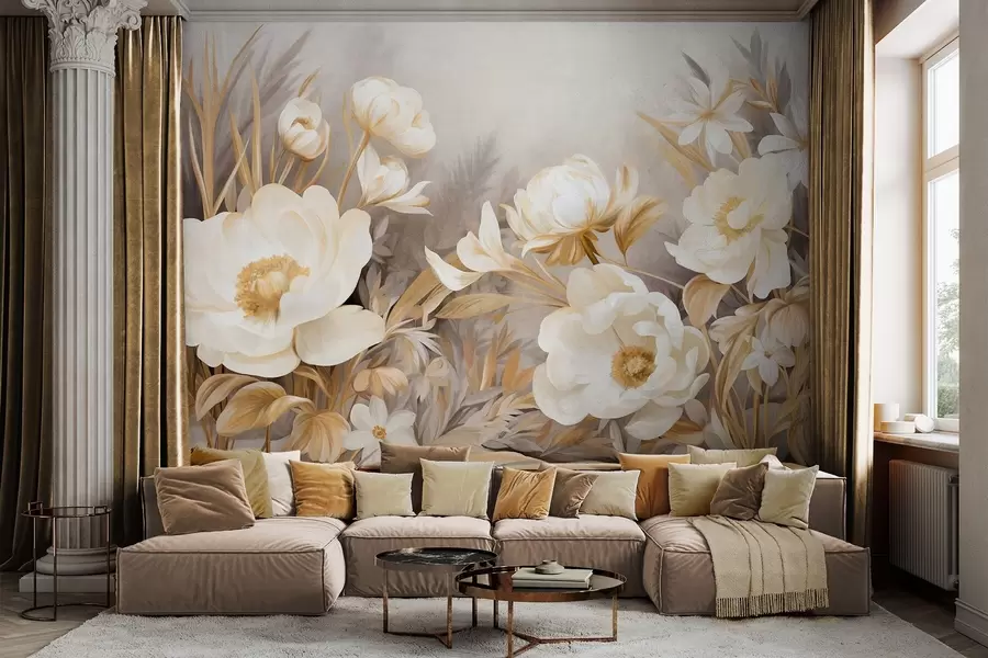 wall murals Бели и жути божури и друго цвеће са високом травом и лишћем у меком, сликарски текстурираном стилу w09494