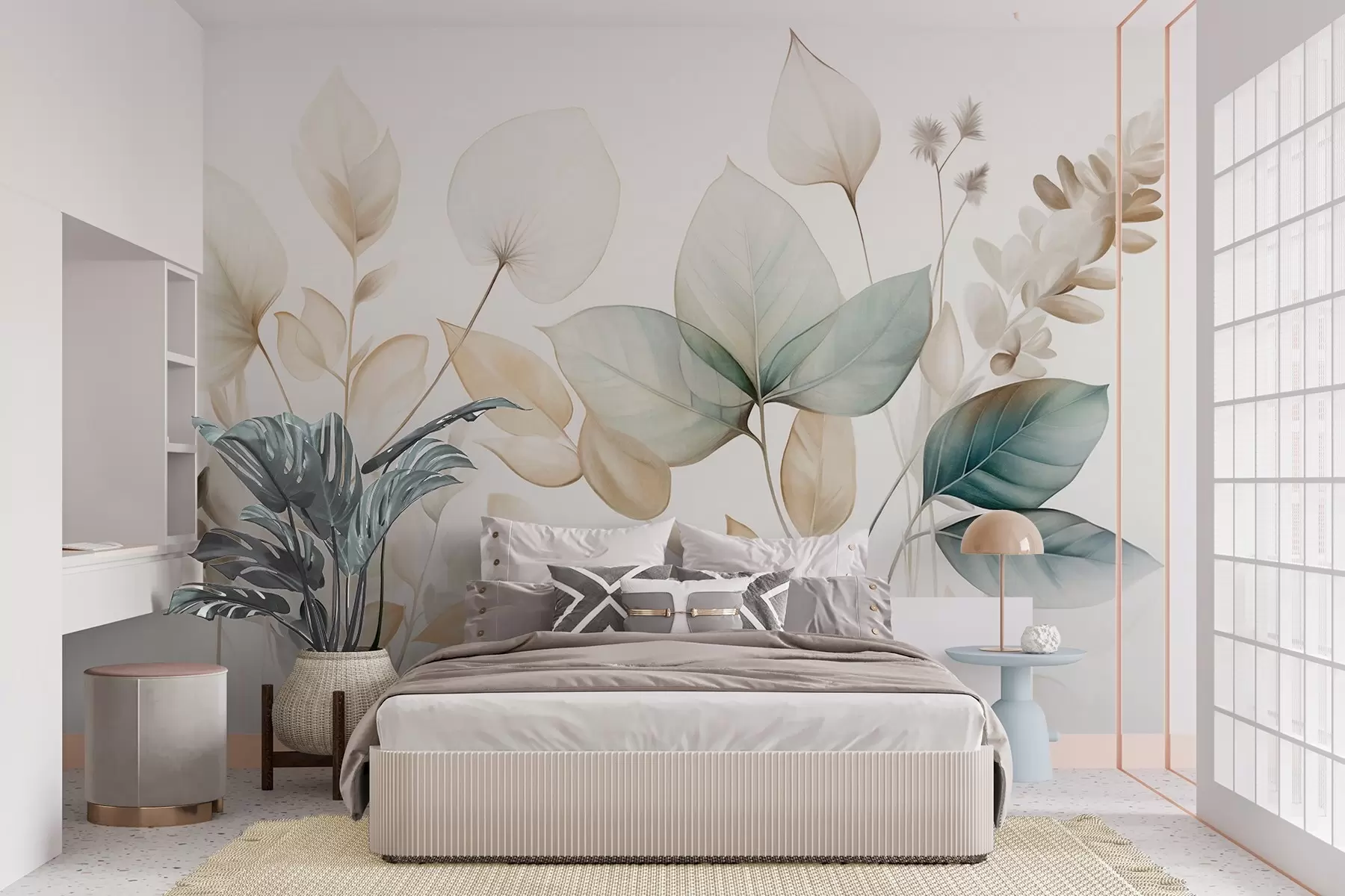 wall murals Текстурирани провидни листови у пригушеним тоновима беж и тиркизне боје, са нежним стабљикама на мекој, светлој позадини w09583