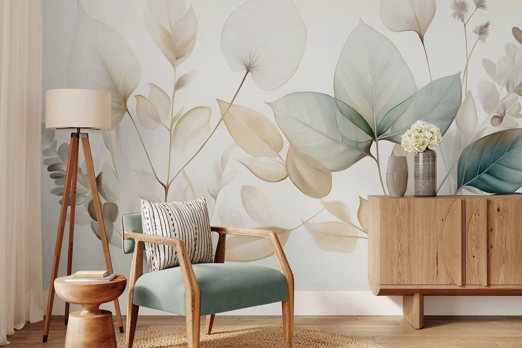 wall murals Текстурирани провидни листови у пригушеним тоновима беж и тиркизне боје, са нежним стабљикама на мекој, светлој позадини w09583