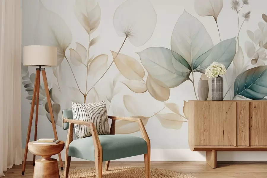 wall murals Текстурирани провидни листови у пригушеним тоновима беж и тиркизне боје, са нежним стабљикама на мекој, светлој позадини w09583