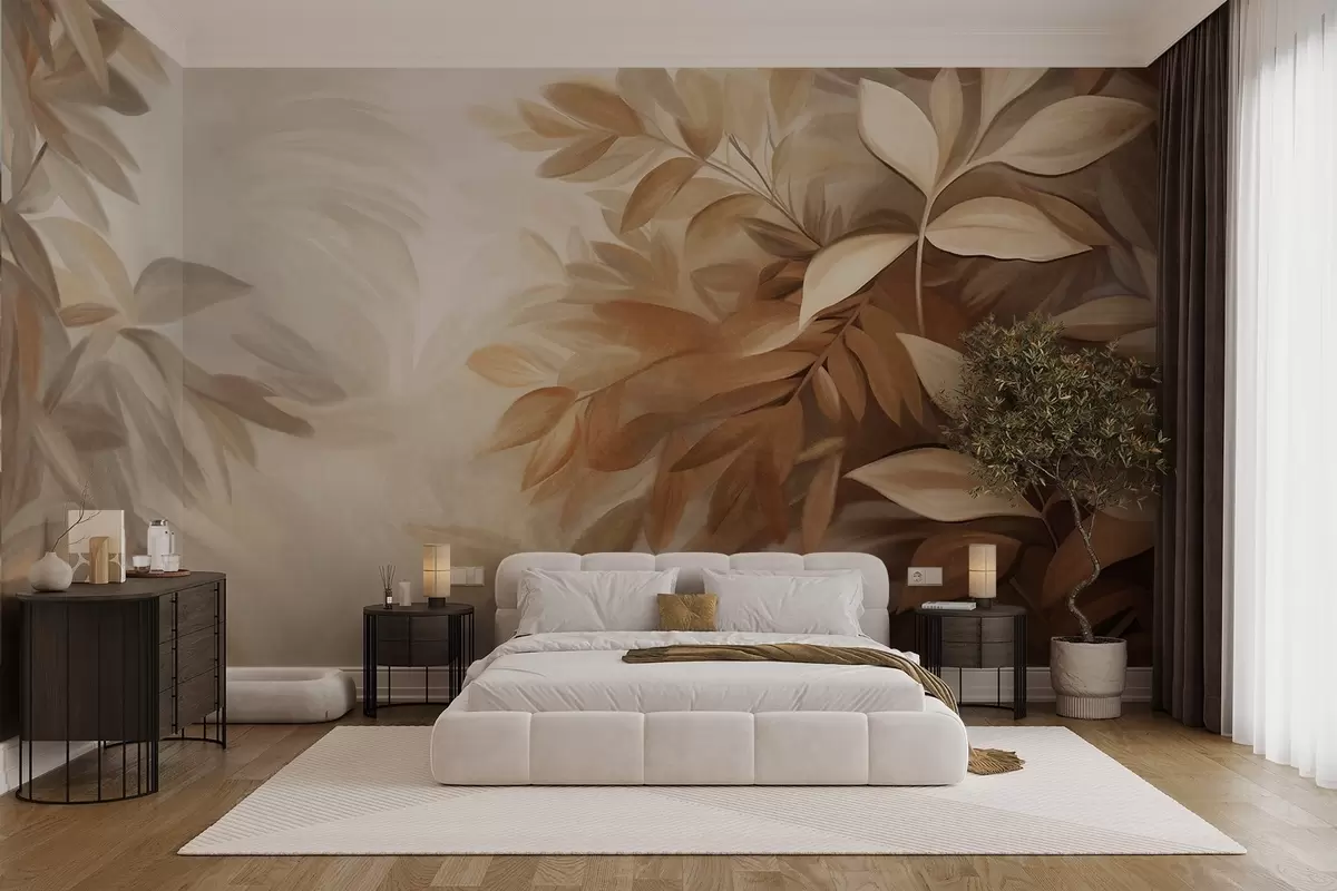 wall murals Смеђе и беж лишће са меким, замућеним текстурираним лишћем, у сликарском стилу са видљивим потезима четкице w09584