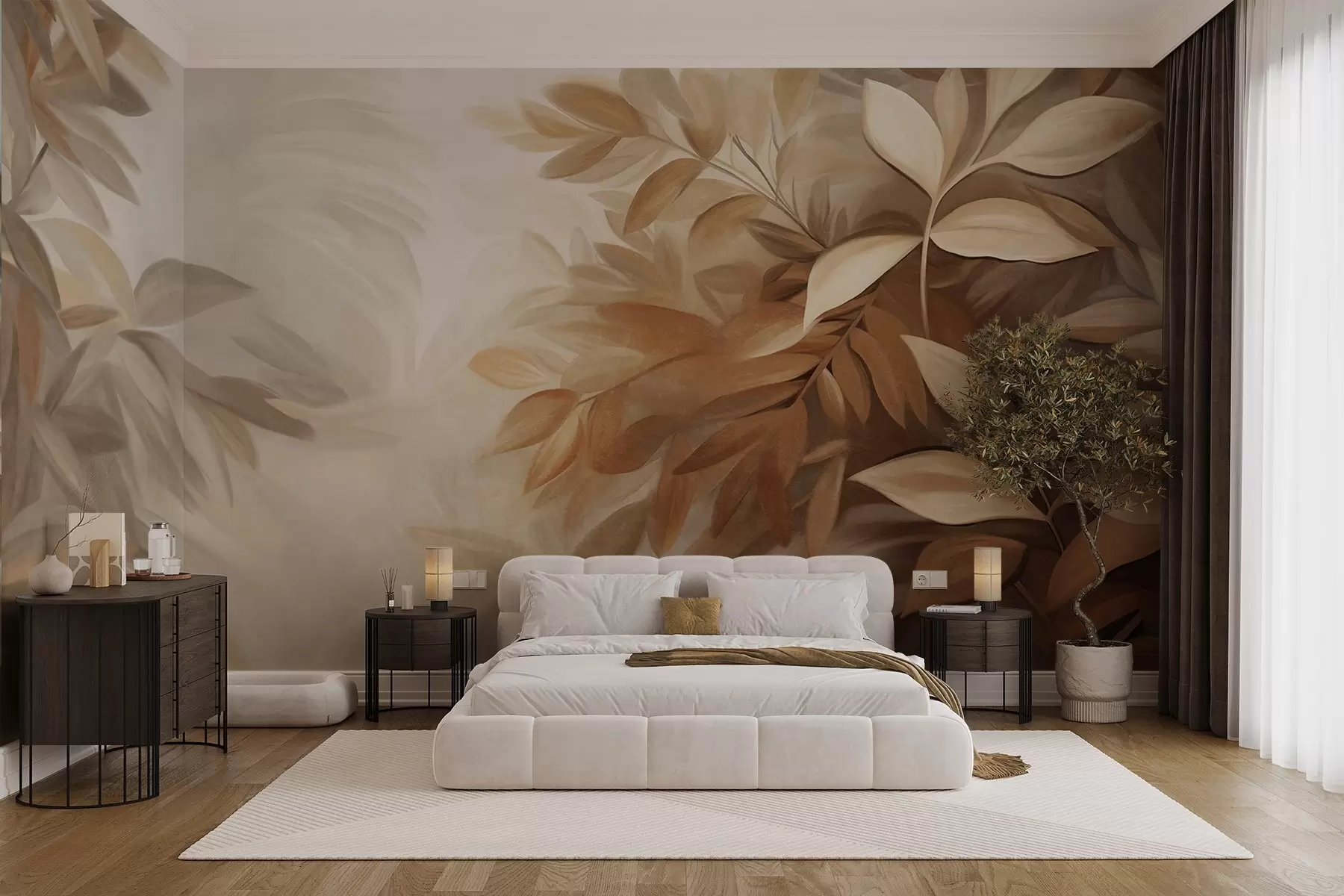 wall murals Смеђе и беж лишће са меким, замућеним текстурираним лишћем, у сликарском стилу са видљивим потезима четкице w09584
