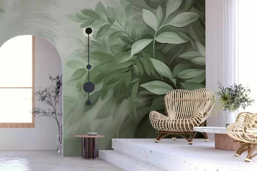wall murals Зелено и сиво лишће са меким, замућеним текстурираним лишћем, у сликарском стилу са видљивим потезима четкице w09584v1