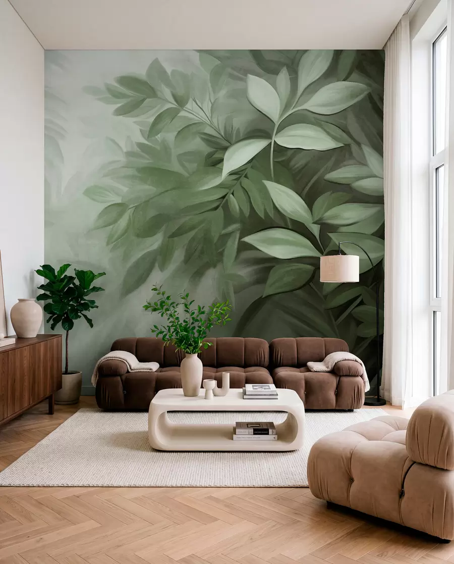 wall murals Зелено и сиво лишће са меким, замућеним текстурираним лишћем, у сликарском стилу са видљивим потезима четкице w09584v1