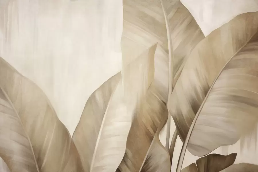 wall murals Текстурирани велики, светло смеђи листови банане на светло беж позадини, са меком и минималистичком естетиком w09586