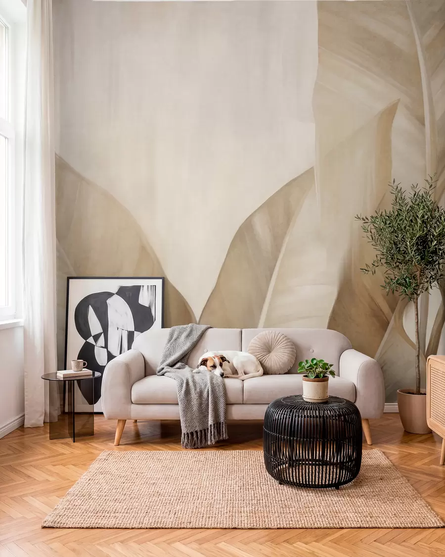 wall murals Текстурирани велики, светло смеђи листови банане на светло беж позадини, са меком и минималистичком естетиком w09586