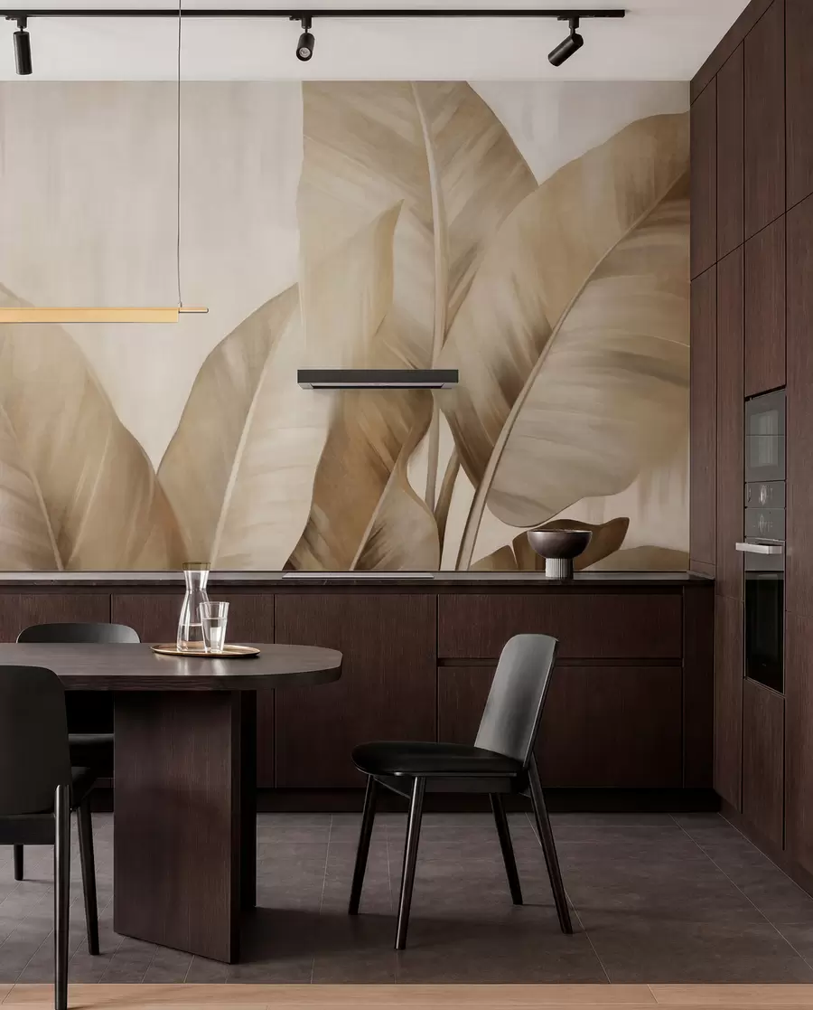 wall murals Текстурирани велики, светло смеђи листови банане на светло беж позадини, са меком и минималистичком естетиком w09586