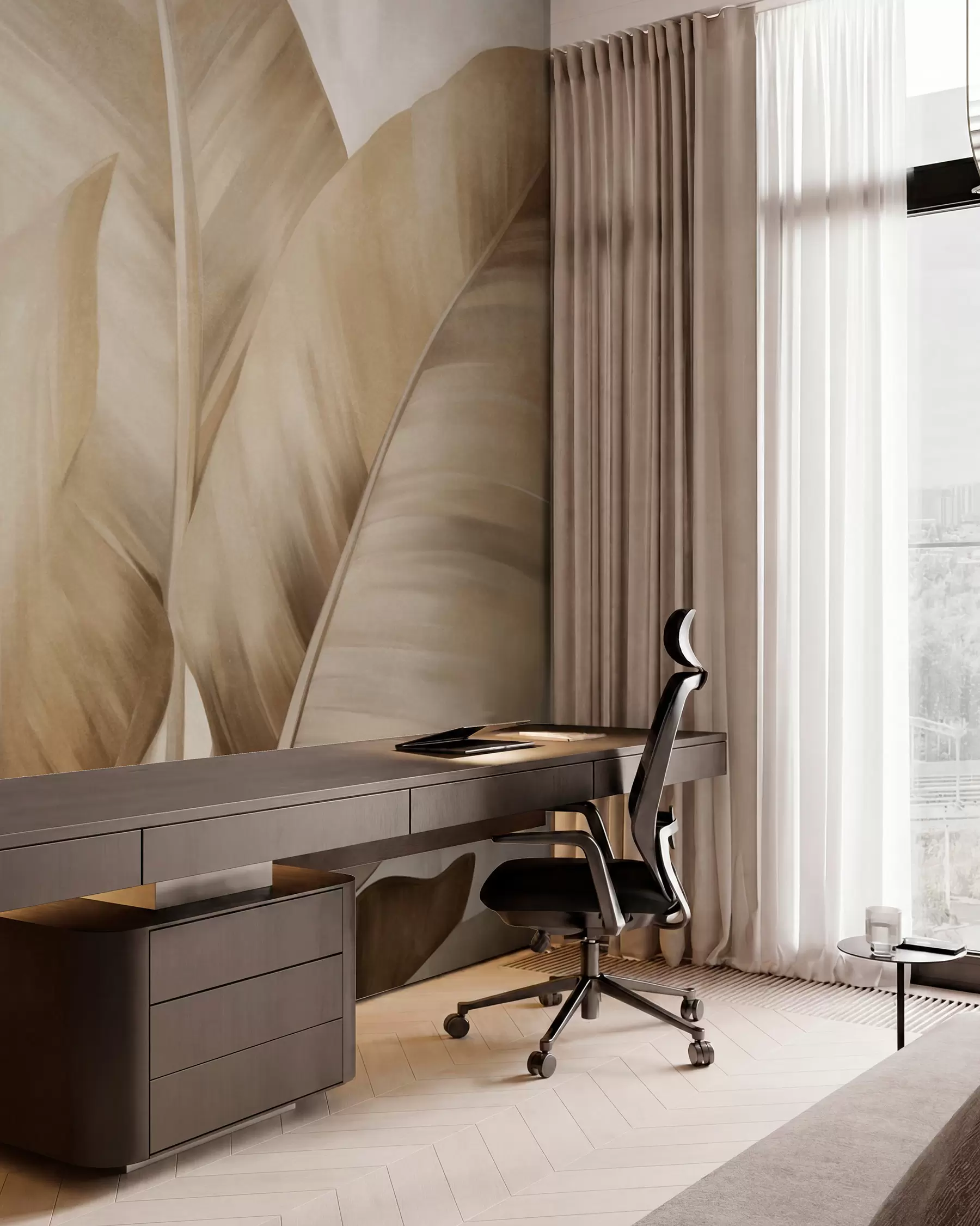 wall murals Текстурирани велики, светло смеђи листови банане на светло беж позадини, са меком и минималистичком естетиком w09586
