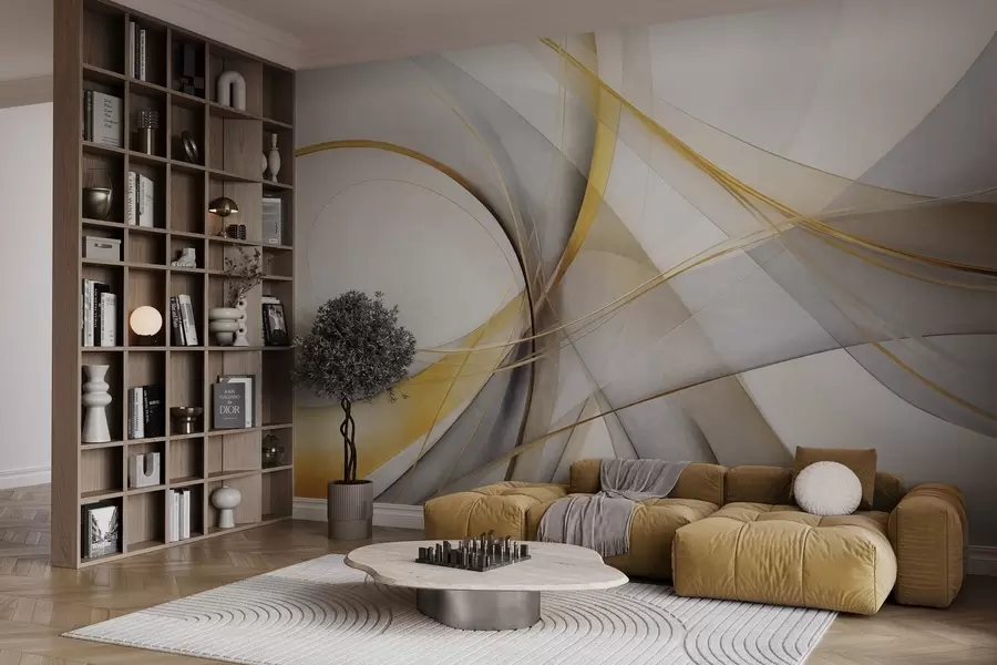 wall murals Апстрактне текуће линије у жутој и белој боји на сивој позадини, са осећајем покрета и дубине, модерна уметност w09587