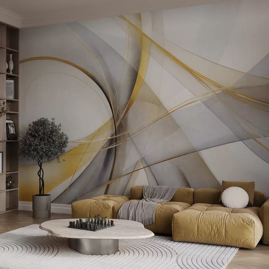 wall murals Апстрактне текуће линије у жутој и белој боји на сивој позадини, са осећајем покрета и дубине, модерна уметност w09587