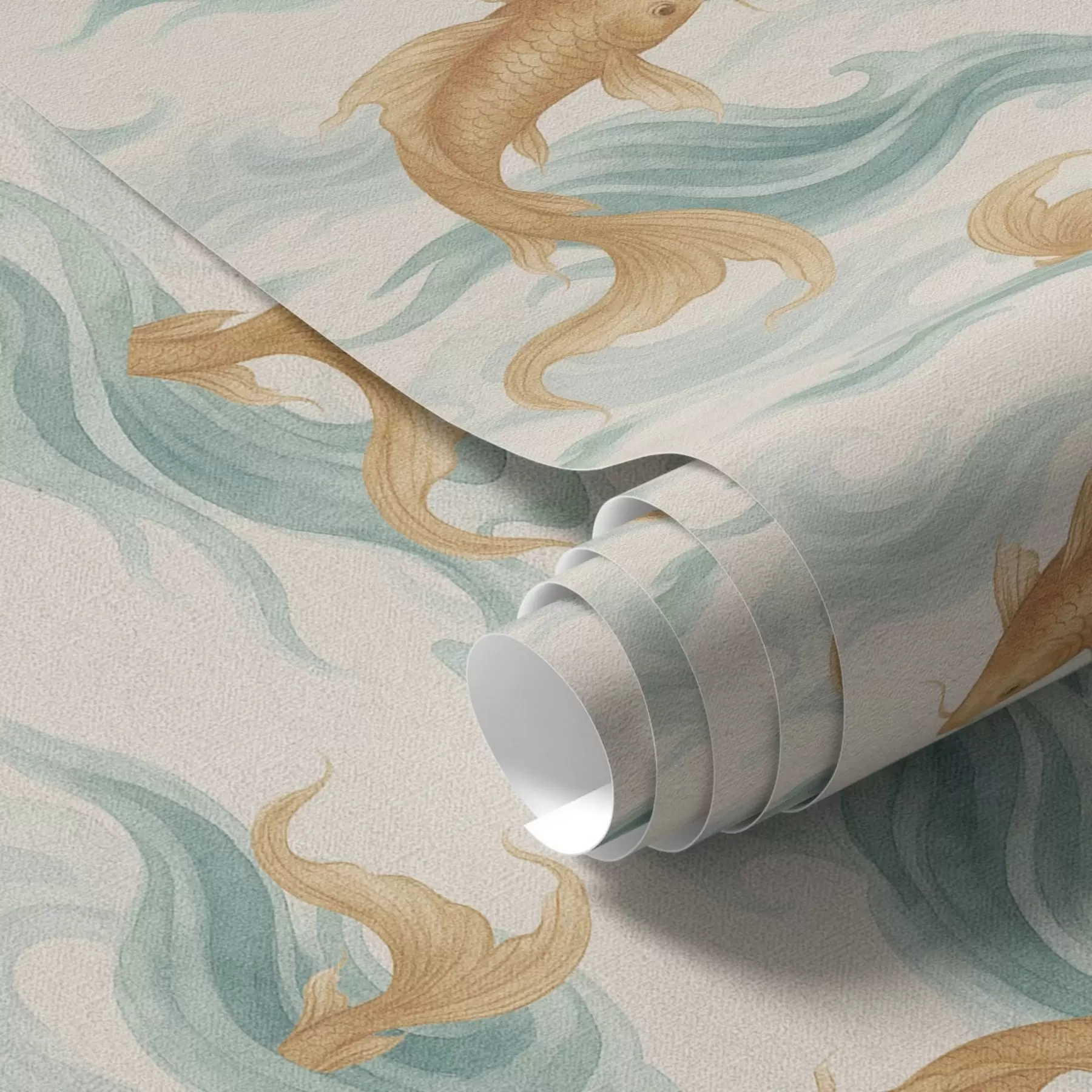 wall murals Ћилибарна кои риба плива међу меким тиркизним таласима a00894