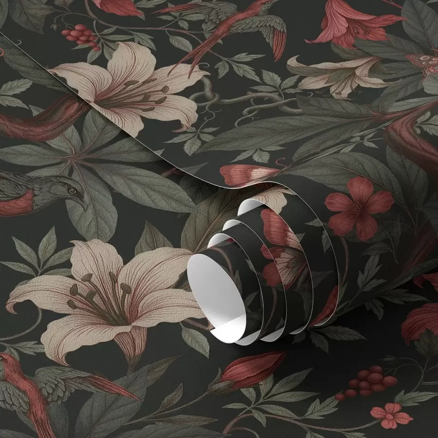 wall murals Тамни џунгласти цветови са птицама и лептирима a00895