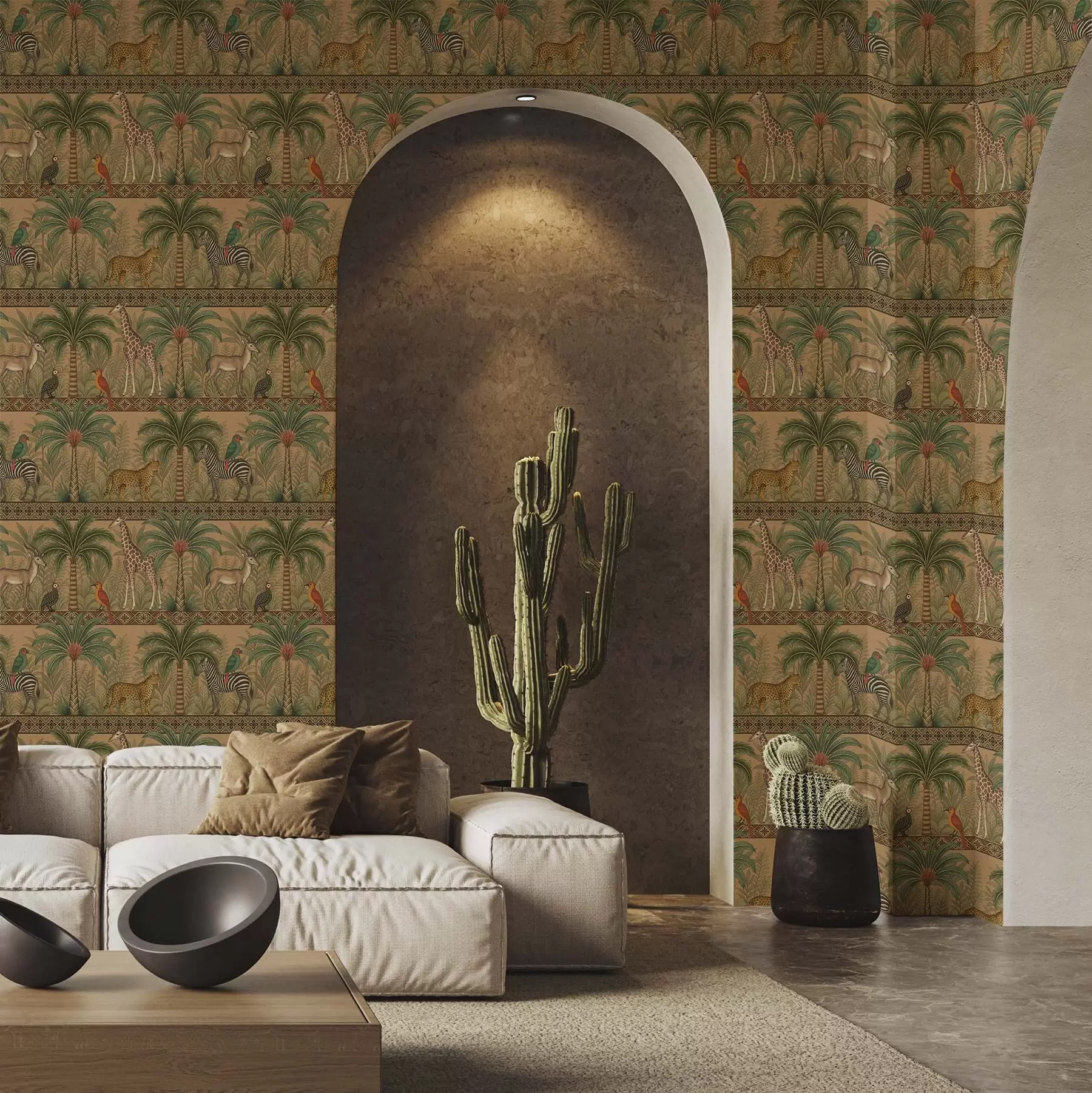 wall murals Декоративне животиње саване између палми и ивица a00898