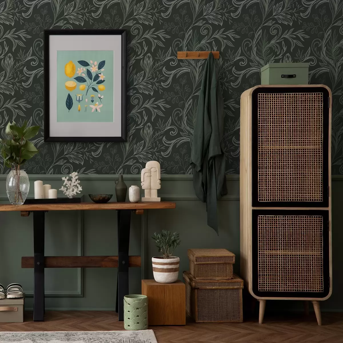 Позадина Дубока шума, увијени листови у кредасто зеленим тоновима a00935v2