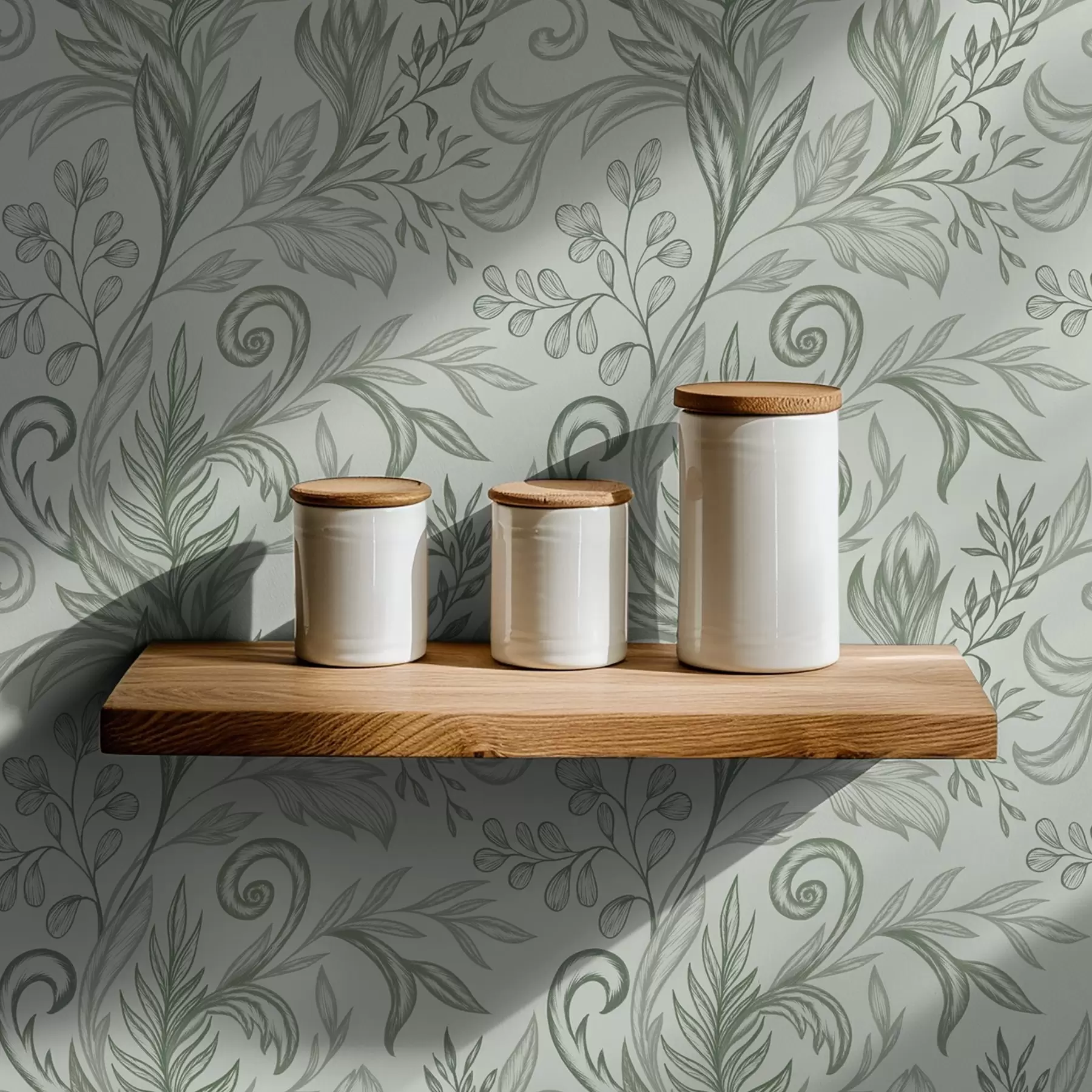 wall murals Меки увијени листови менте у нежним сиво-зеленим линијама a00935v3