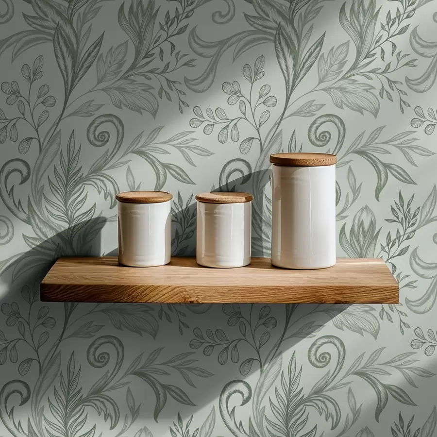 wall murals Меки увијени листови менте у нежним сиво-зеленим линијама a00935v3