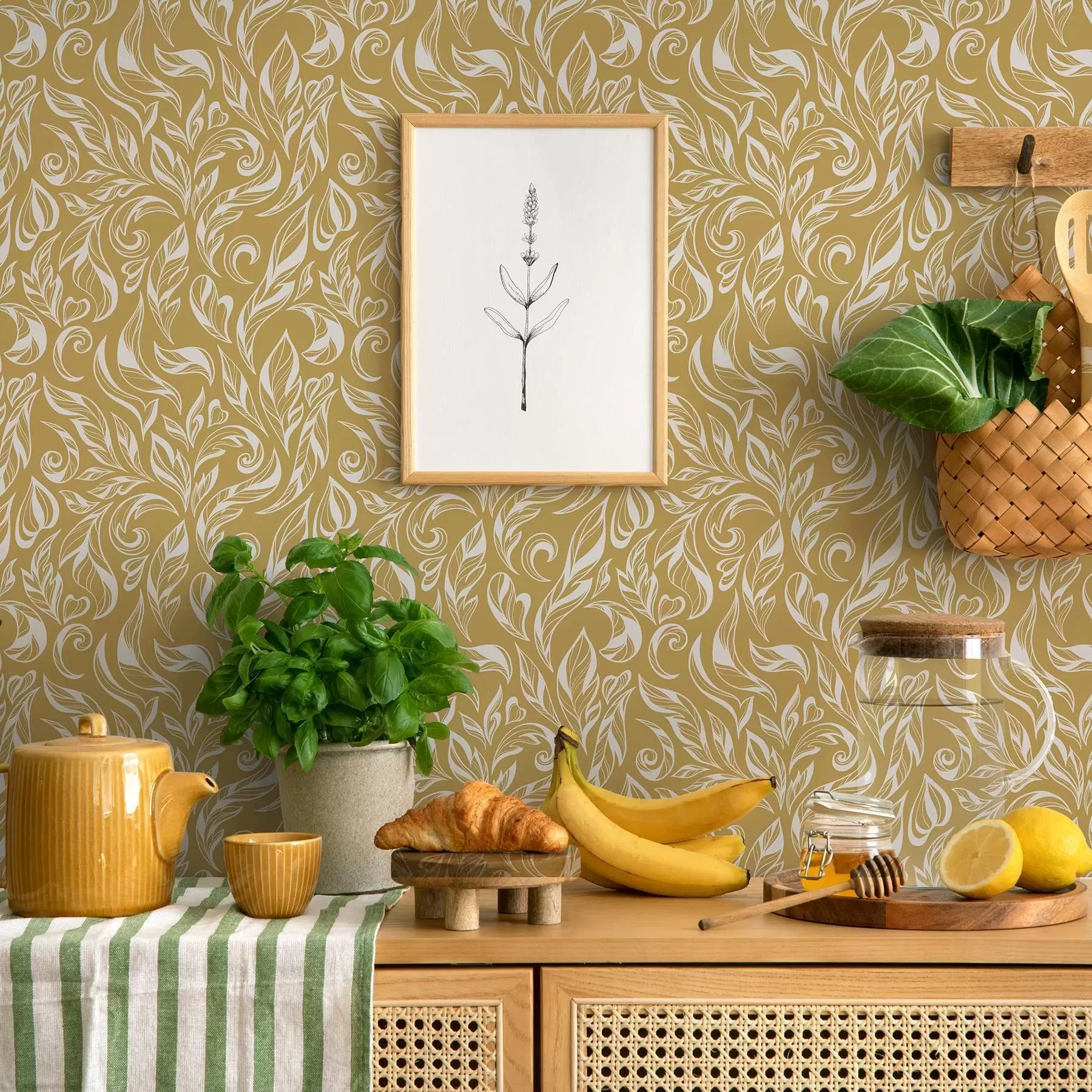 wall murals Крем-бели лиснати орнамент на топлој окер позадини a00940v1