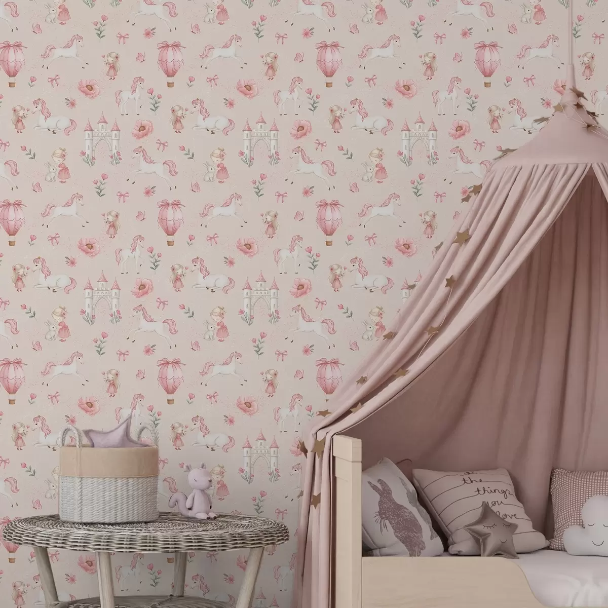 Позадина Ружичасти једнорози, мале девојчице и замак на мекој позадини a00957