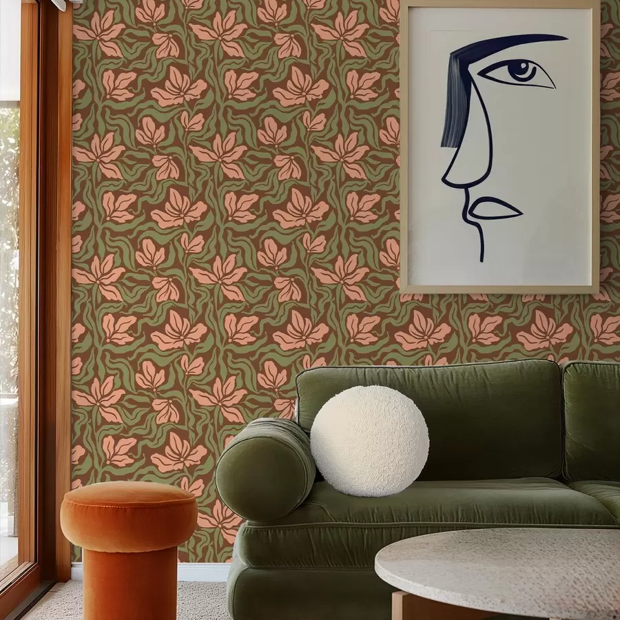 wall murals Цветови брескве и зеленило на тамно смеђој позадини a00958v2