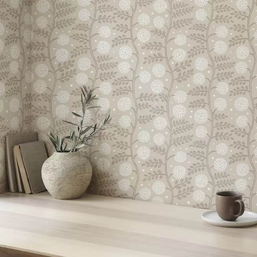 wall murals Беж стабљике са белим пахуљастим цветовима и меким тачкама a00997