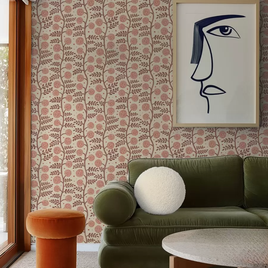 wall murals Теракотне стабљике са коралним пахуљастим цветовима на кремастој позадини a00997v1