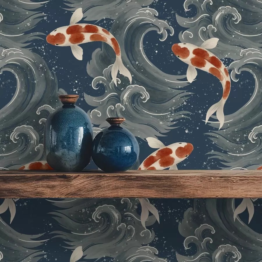 wall murals Кои рибе пливају међу драматичним океанским таласима a01019