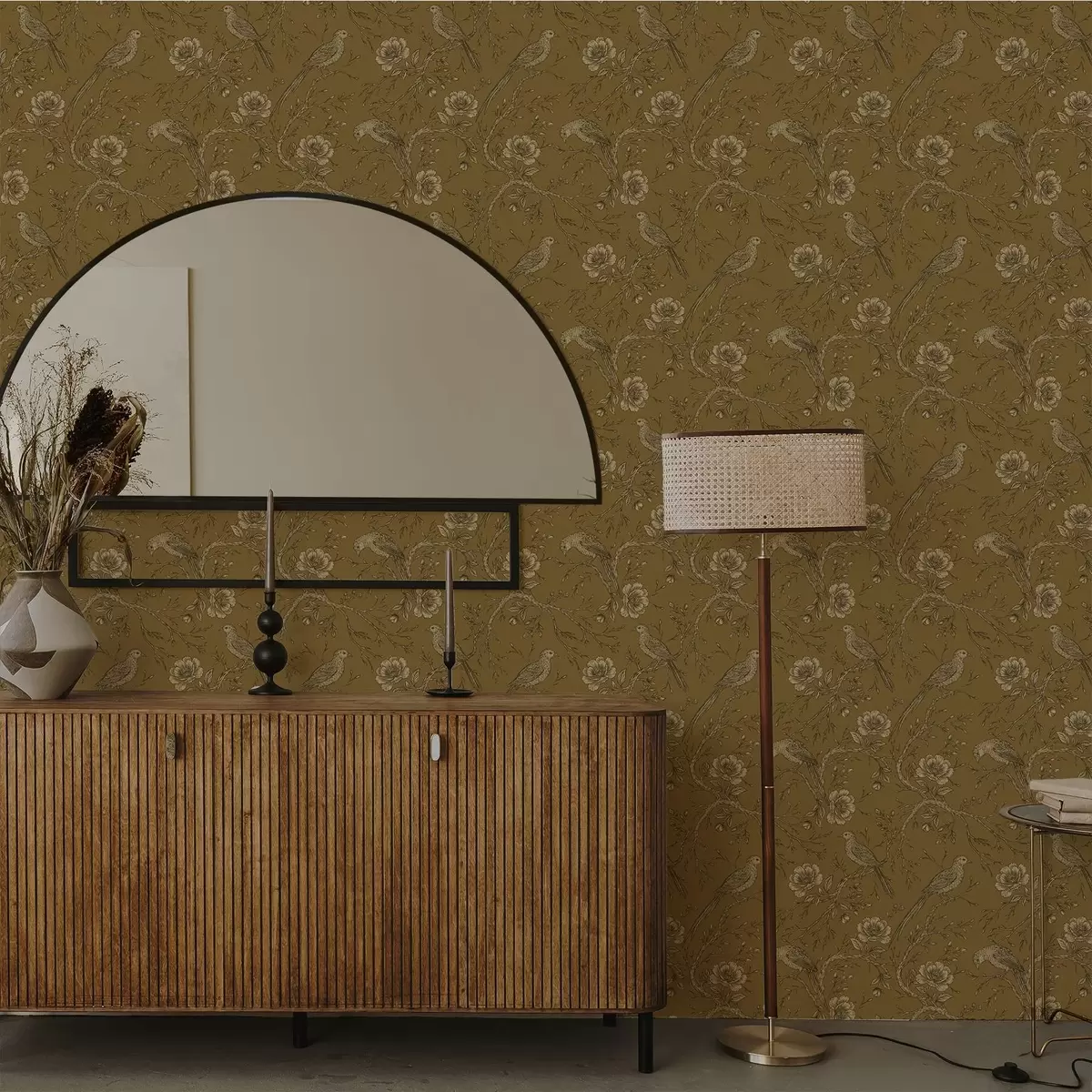 Позадина Винтаге птице и цвеће на топлој маслинастој позадини a01022v1