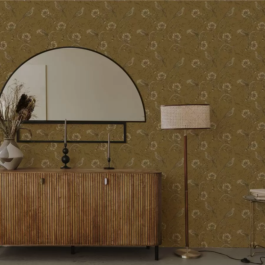 wall murals Винтаге птице и цвеће на топлој маслинастој позадини a01022v1