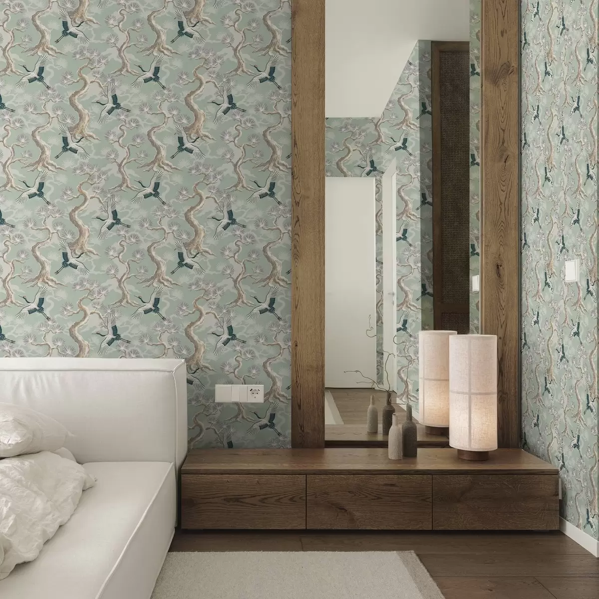 Позадина Ждралови међу закривљеним гранама на мекој позадини боје жалфије a01023