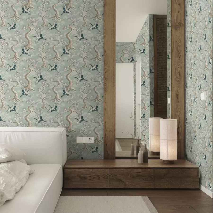 wall murals Ждралови међу закривљеним гранама на мекој позадини боје жалфије a01023