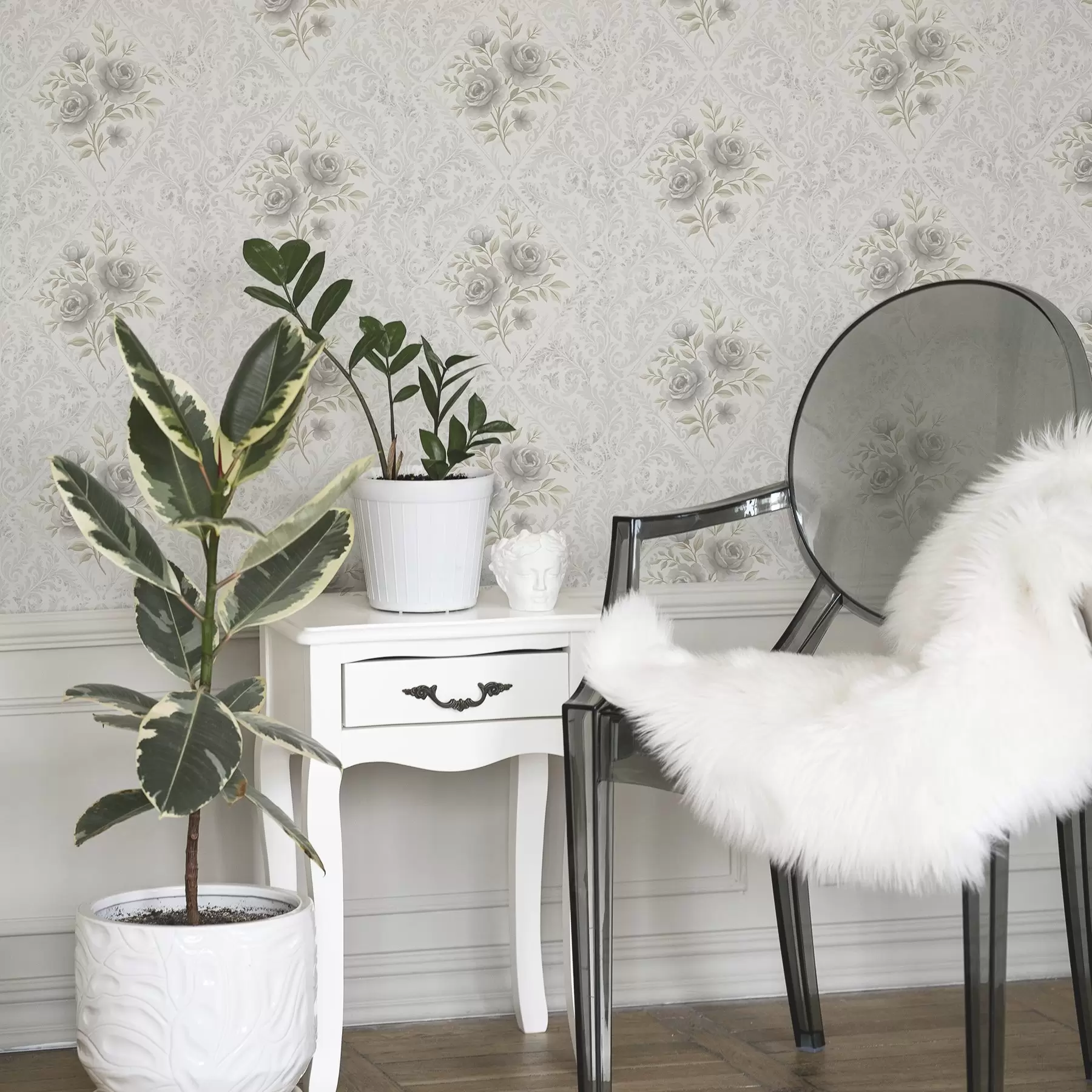 wall murals Светли дамаски узорак са сивим ружама у меким дијамантима a01024