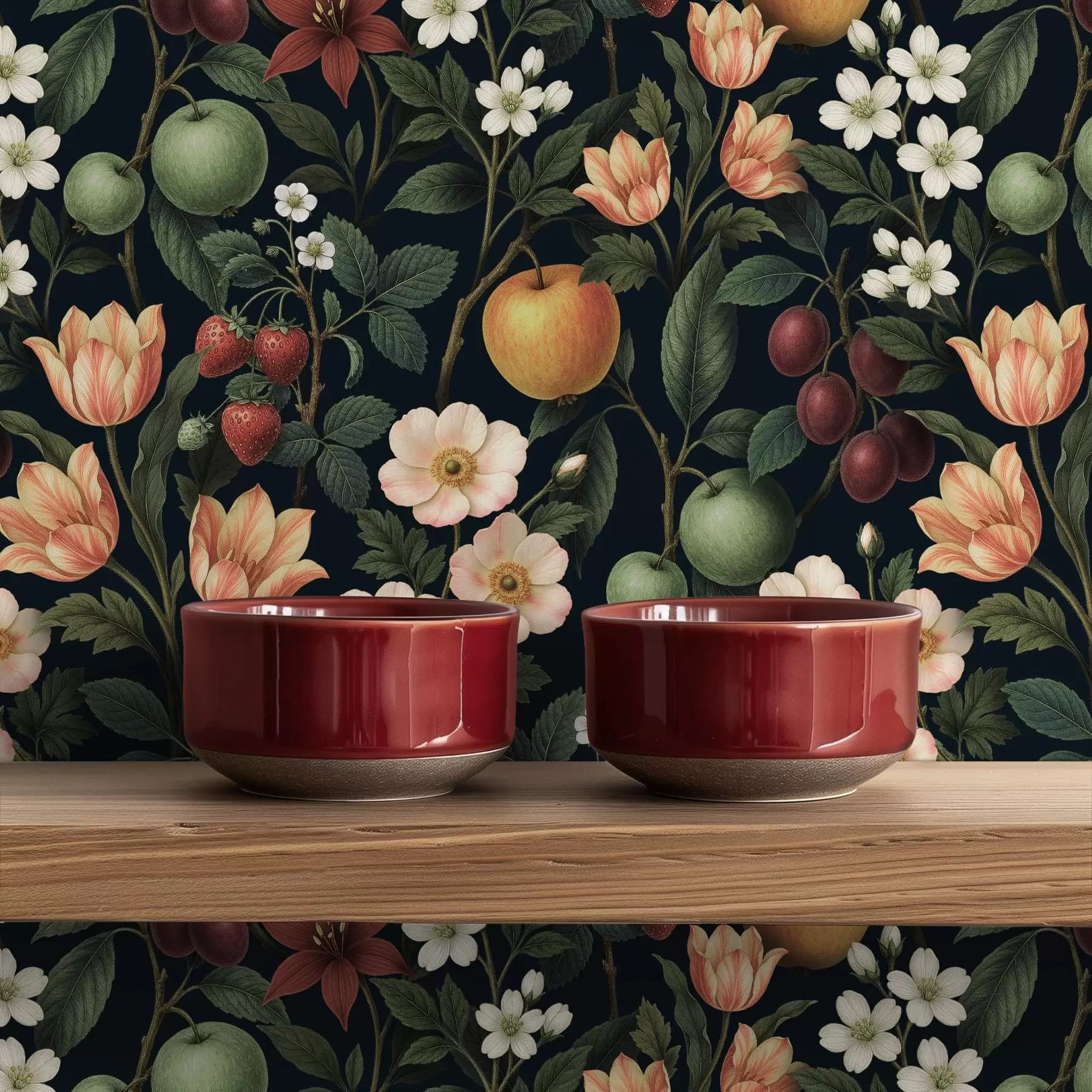 wall murals Мрачна башта са цвећем, зрелим јабукама и бобицама a01034