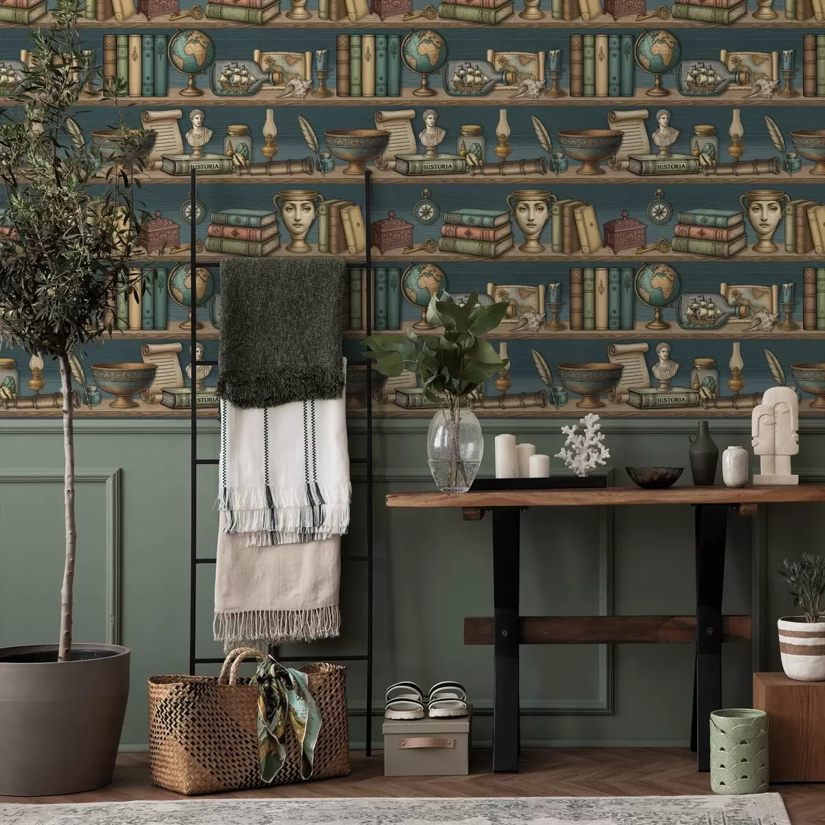 Позадина Винтажне полице са књигама, глобусом и морским занимљивостима a01036