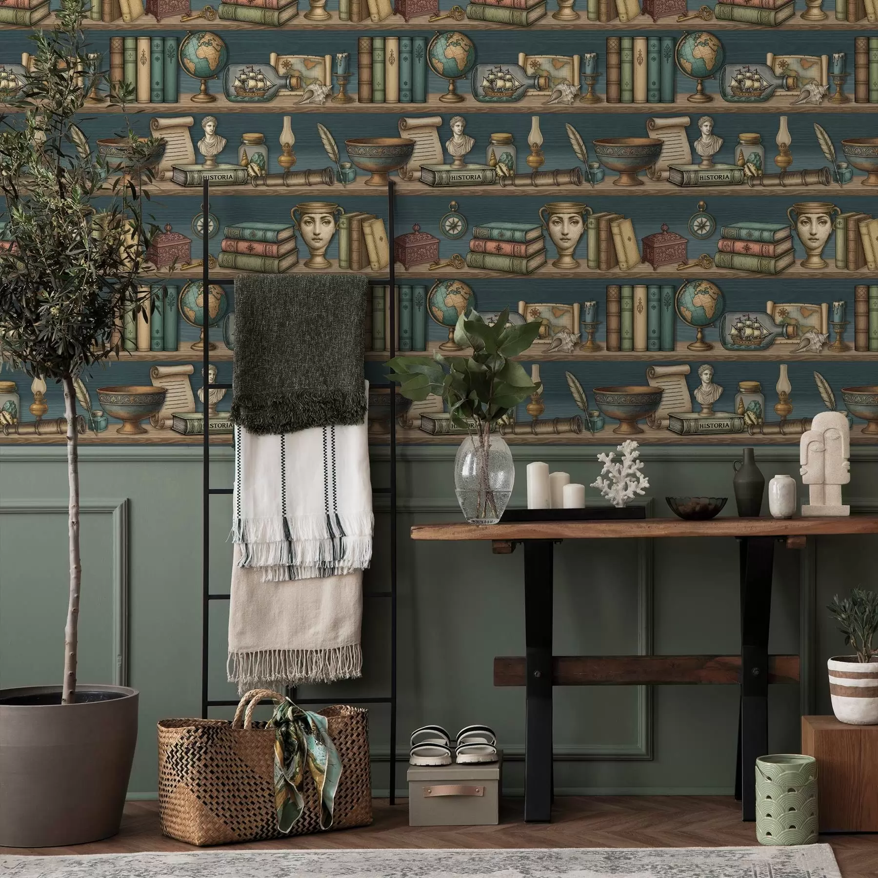wall murals Винтажне полице са књигама, глобусом и морским занимљивостима a01036