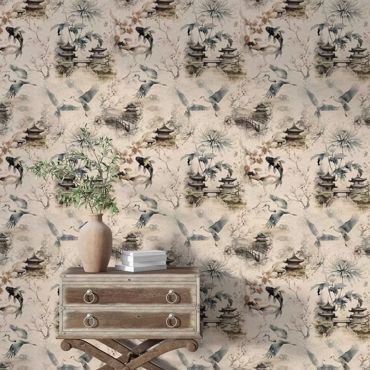 Позадина Јапански храмови, кои рибе и ждралови на мекој позадини a01040