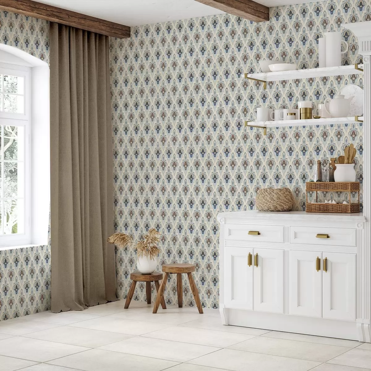 Позадина Оријентални узорак малих плочица у плаво-песковитој палети a01044