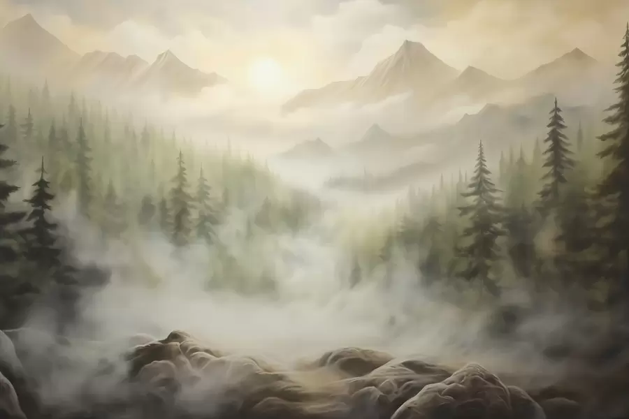 wall murals Шума у магли на позадини планина w04730