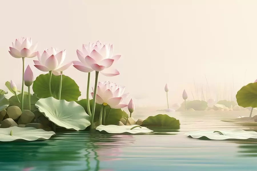 wall murals Ружичасти лотосови цветови на води, мирни тропски пејзаж w09561